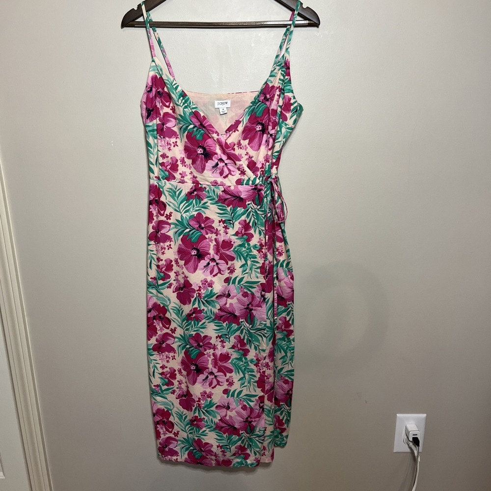J.Crew‎ Cotton Floral Wrap Dress Sz 4 Pink Green Tropical Cruise Resort Vacation